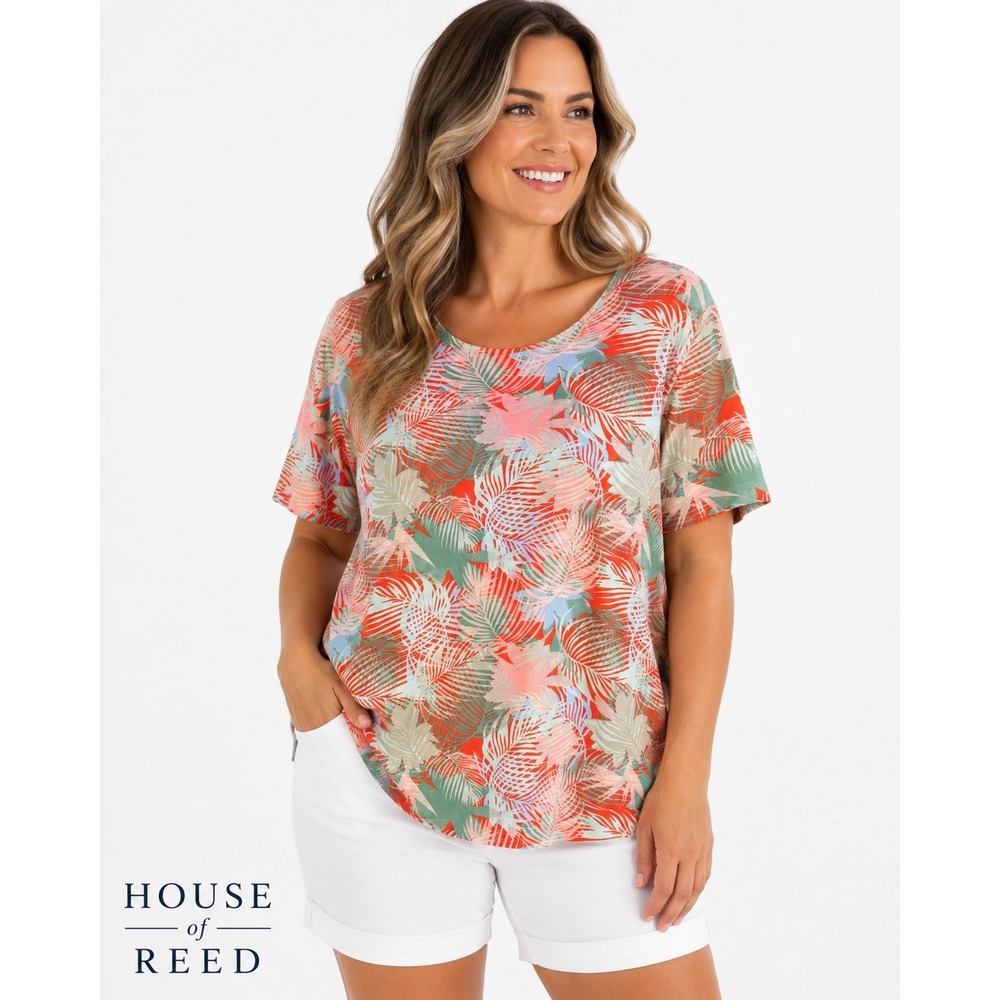 Rebecca‎ Malone Womens 2X Tropical Palm Leaf Print Cotton Scoop Neck Tee Orange